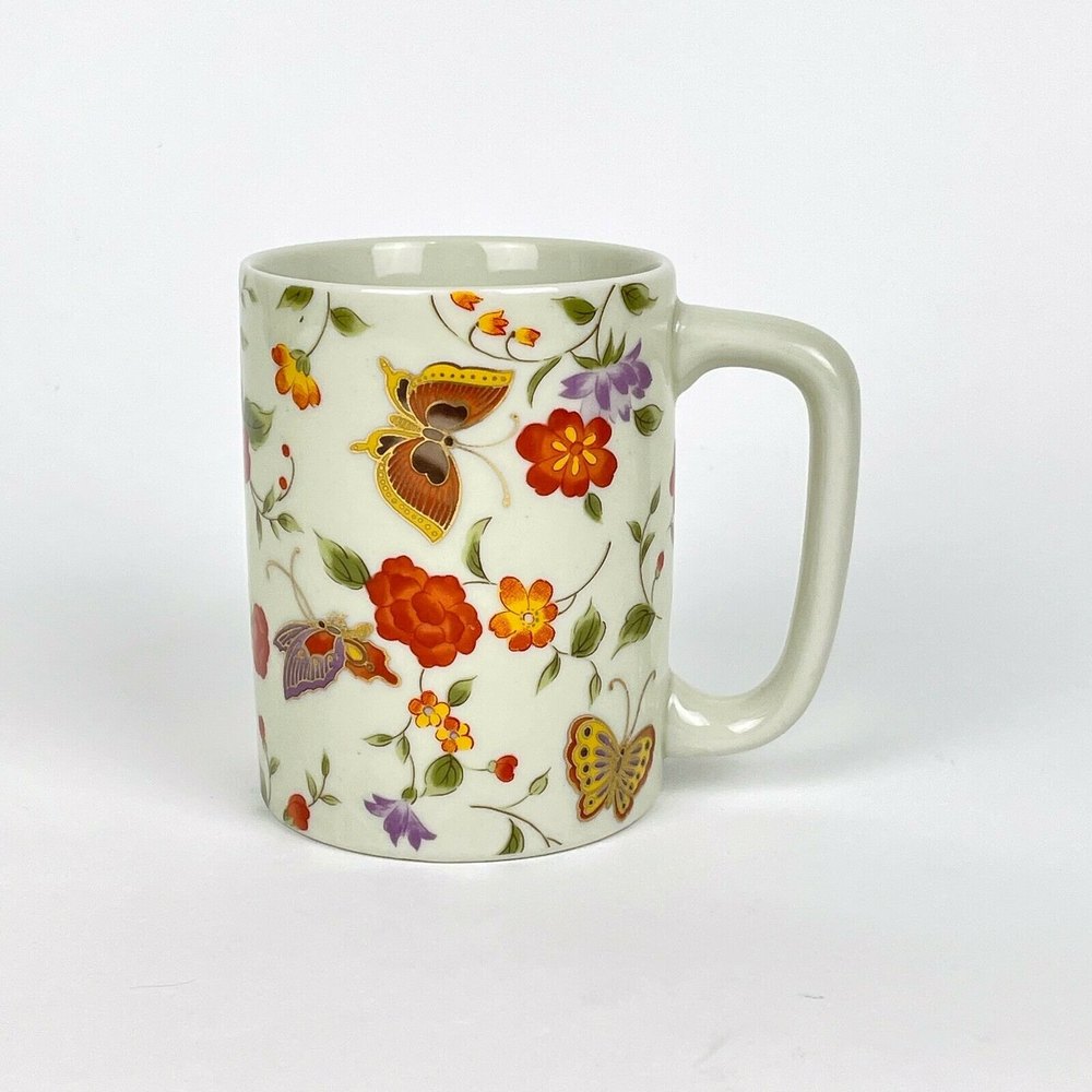 Unbranded 10 Fl. Oz. Beautiful Butterfly Flower Golden Accent Coffee Tea Mug Cup